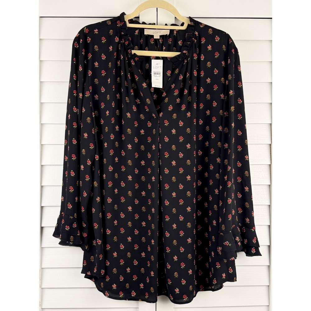 LOFT Blouse XXL Black Floral Ruffle Neck Long Sleeve NEW